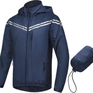 Men's Packable Waterproof Running Rain Coats Reflective Cycling Jacket Windbreaker With Removable Hood